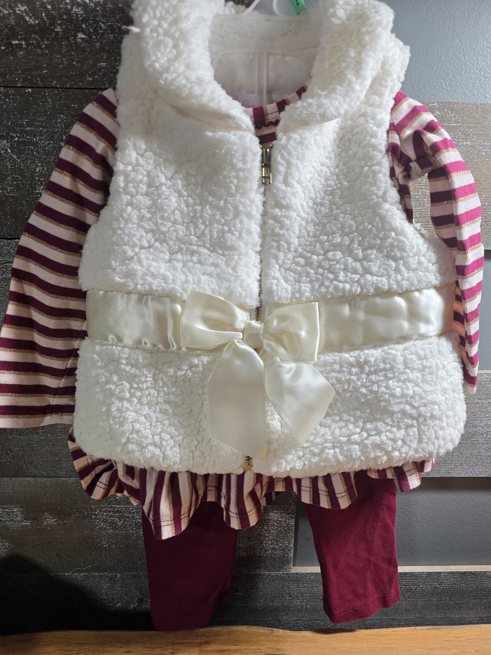 Bonnie Baby White Sherpa Vest with Satin Bow and Berry Striped Top Set
